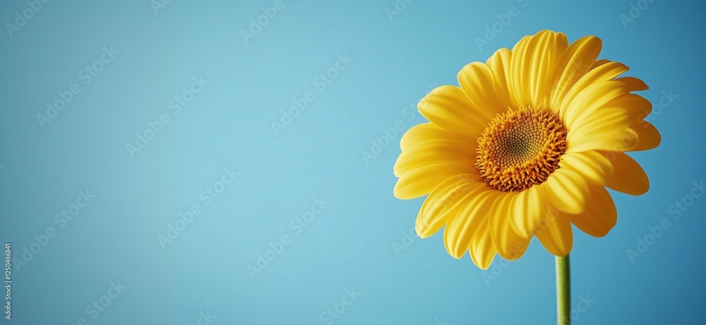 Obraz premium Bright yellow gerbera daisy against a clear blue sky background, copy space for text