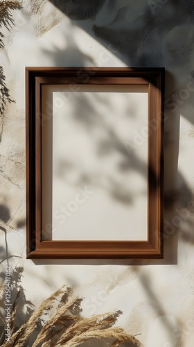 Empty Wooden Frame Mockup: A dark brown wooden picture frame sits on a textured surface, bathed in soft sunlight casting delicate shadows. Pampas grass and other dried plants create a minimalist.