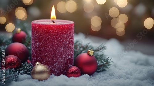 "Panorama Christmas Background - Red Candle in Winter Snow Landscape with Magic Golden Bokeh Lights - Blank Greeting Card with Copy Space for Your Xmas Advent Greeting or Advertisement"