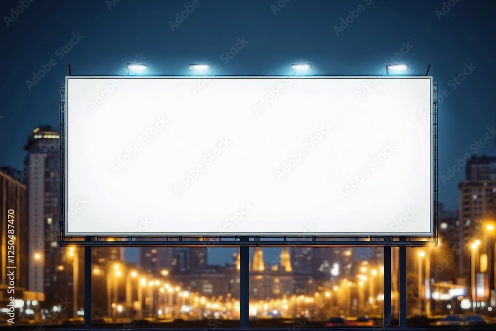 Blank white billboard on city buildings background at night, front view. Mockup, advertising concept Blank white billboard on city buildings background at night, front view. Mockup, advertising concept