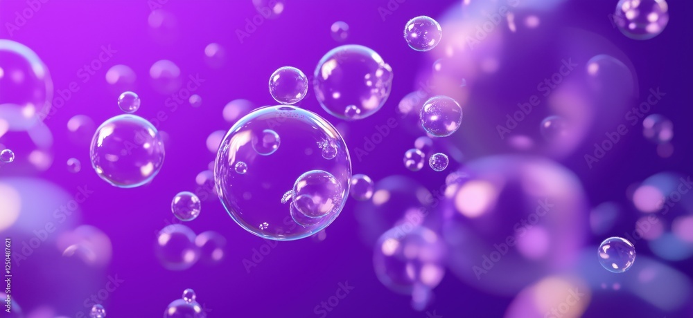 Colorful soap bubbles floating in purple background with soft light effects, copy space for text Colorful soap bubbles floating in purple background with soft light effects, copy space for text