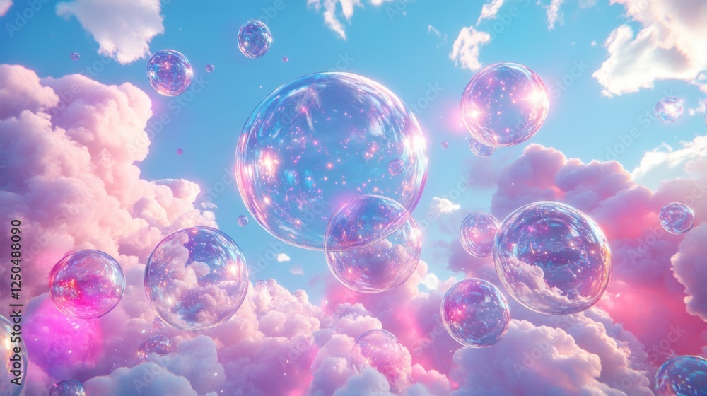 Obraz premium Magical Pink Cloudscape With Floating Bubbles