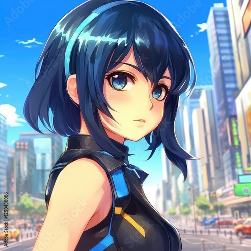 Portrait of a pretty happy cute anime girl on a sunny day, Manga style anime character 