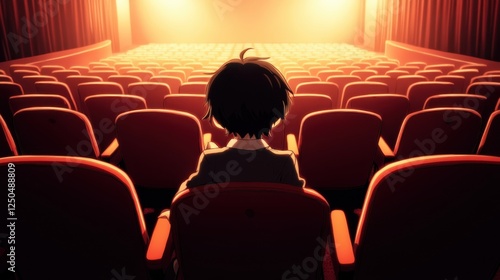 Silent Spectator in the Auditorium: Silhouette of person sitting alone in a theater. The empty rows of seats under warm lighting create a dramatic and introspective atmosphere.