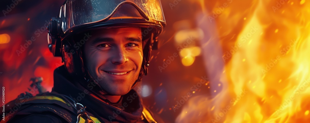 Firefighter smiling confidently amidst flames showcasing bravery and dedication, copy space for text Firefighter smiling confidently amidst flames showcasing bravery and dedication, copy space for text
