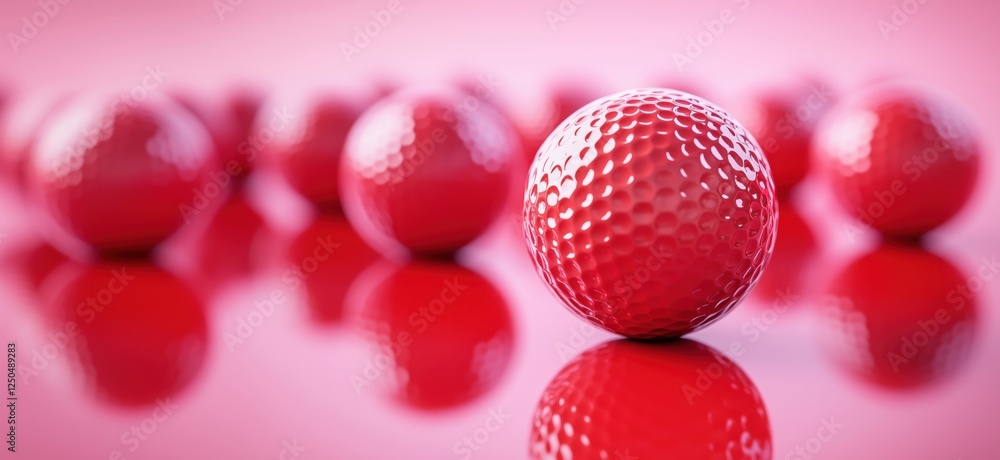 Red golf balls arranged in a visually striking pattern with reflective surface, copy space for text Red golf balls arranged in a visually striking pattern with reflective surface, copy space for text