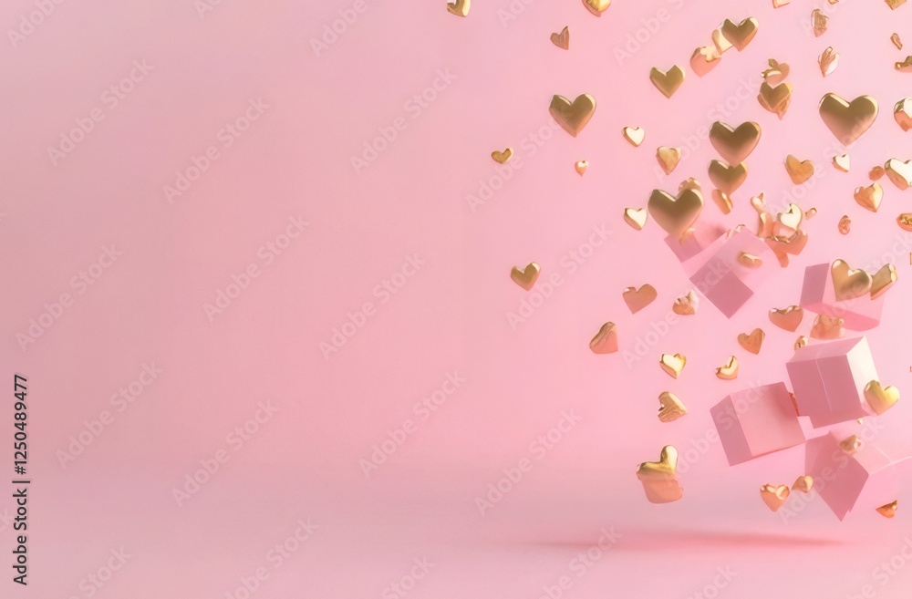 Pink background with gold hearts and pink cubes. Pink background with gold hearts and pink cubes.