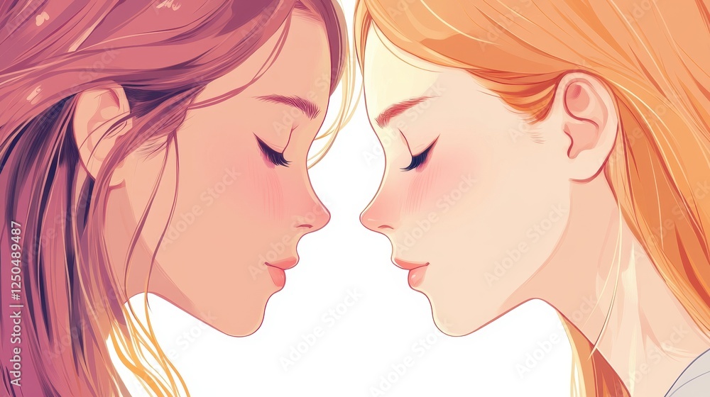 Whispers of Connection: Two women share an intimate moment, their faces close in a soft, artistic embrace, reflecting a bond of tender closeness. Whispers of Connection: Two women share an intimate moment, their faces close in a soft, artistic embrace, reflecting a bond of tender closeness.