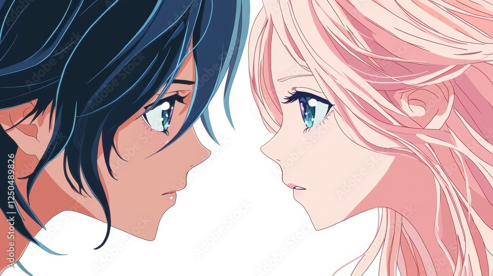 Anime Gaze: Two anime-style characters face each other in a moment of silent understanding, capturing the essence of their bond, with a gentle touch and vibrant color palette. Anime Gaze: Two anime-style characters face each other in a moment of silent understanding, capturing the essence of their bond, with a gentle touch and vibrant color palette.