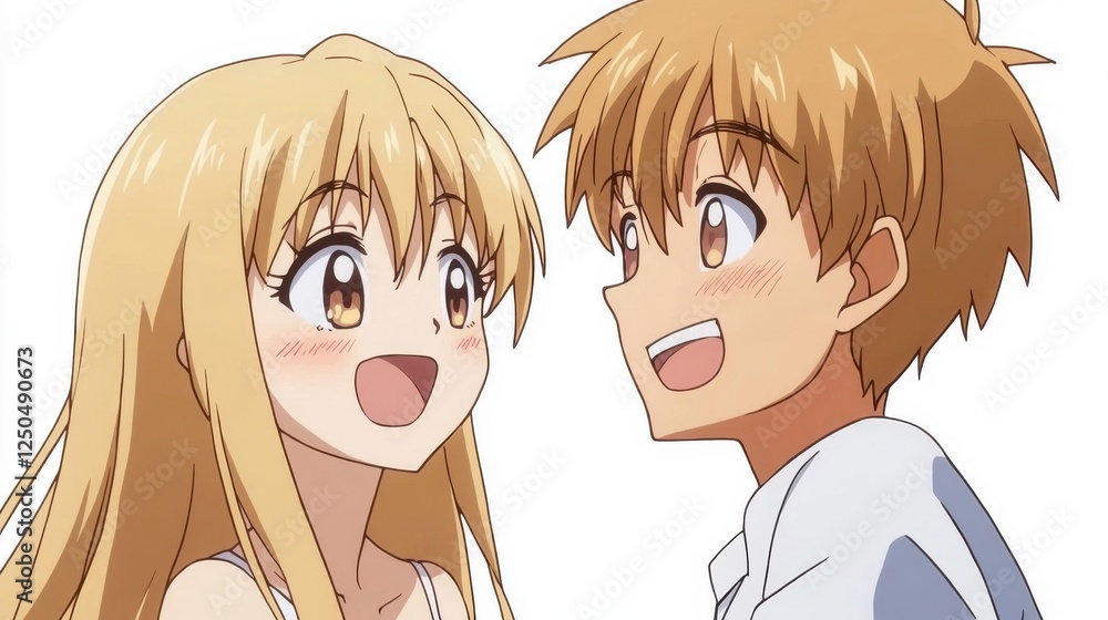 Smiling Couple in Anime Style: A radiant cartoon couple, with sparkling eyes and joyful smiles, share a heartwarming moment, exuding happiness and animated romance.