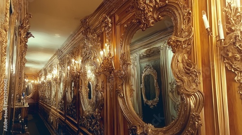 Ornate gilded mirrors and wall paneling in a luxurious hallway.