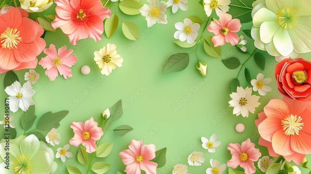Beautiful delicate flowers on a green background. Abstract layout of a colored frame with space for text. An invitation to a wedding. The concept of International Women's Day, Mother's Day. Beautiful delicate flowers on a green background. Abstract layout of a colored frame with space for text. An invitation to a wedding. The concept of International Women's Day, Mother's Day.