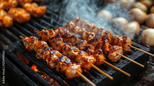 Wallpaper Mural Delicious Grilled Chicken Skewers with Smoke on a Charcoal Grill Torontodigital.ca