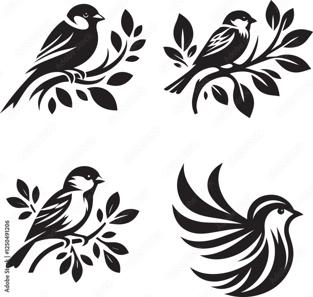 Fototapeta premium Artistic bird vector set featuring detailed feathers and branches suitable for graphic designers and creative artwork