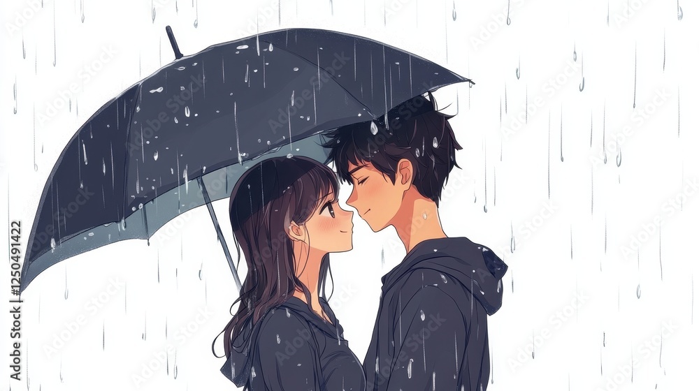 Fototapeta premium Rainy Day Romance: A tender moment between a young couple sharing an umbrella under a gentle rain, their eyes locked in sweet intimacy. The illustration style is soft and romantic.