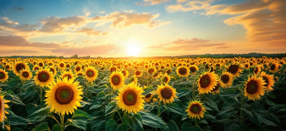 Obraz premium Vibrant sunflower field at sunset with golden light and dramatic clouds, copy space for text