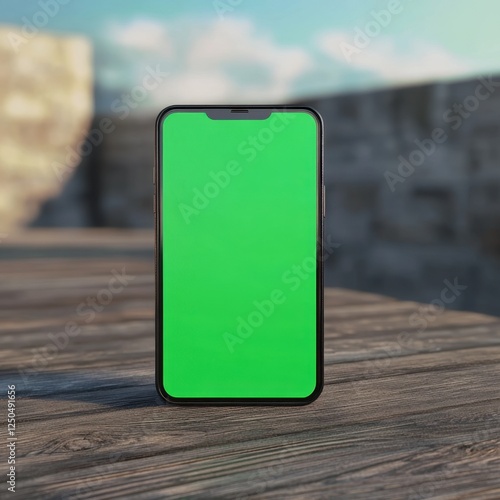 Smartphone mockup, green screen, outdoor setting, stone wall photo