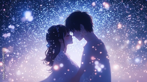 Starry Night Embrace: A tender anime illustration captures a loving couple sharing a passionate embrace under a breathtaking starry sky.