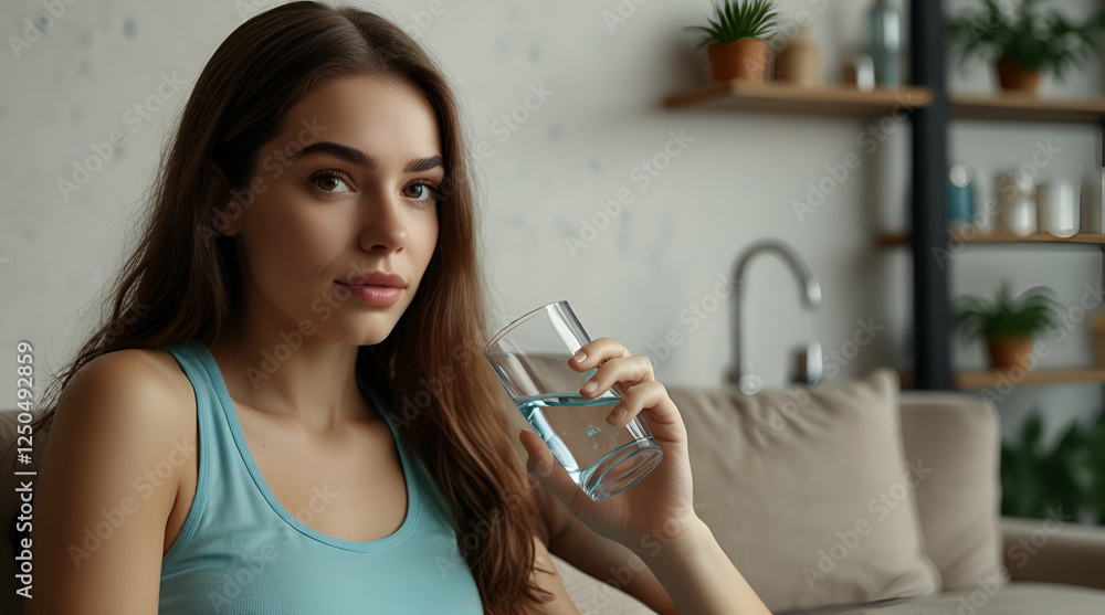 Thirsty woman holding glass of natural aqua make sips drinking still water preventing dehydration sits at home living room. Girl with good life habits healthy slimming,generative.ai Thirsty woman holding glass of natural aqua make sips drinking still water preventing dehydration sits at home living room. Girl with good life habits healthy slimming,generative.ai