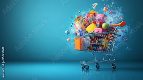 Shopping Cart Overflowing with Diverse Items Including Fresh Produce Groceries Household Goods and Personal Care Products Set Against a Brightly Lit Retail Store Aisle in a Busy Marketplace photo