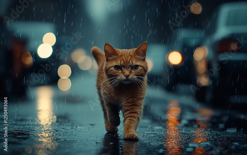 Ginger cat walks city street in rain photo