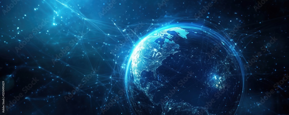 Obraz premium Digital representation of Earth with glowing connections and cosmic background, copy space for text