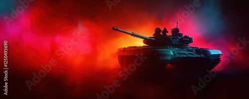 Tanks in dramatic lighting with colorful smoke background for military themes, copy space for text photo