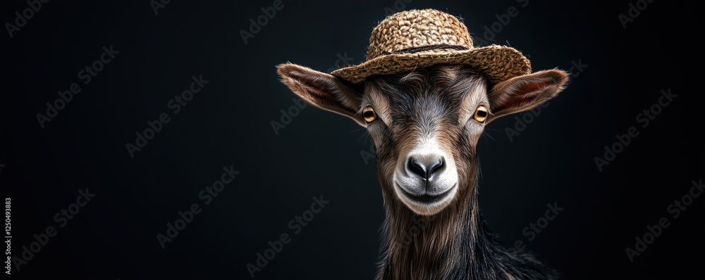 Fototapeta premium Goat wearing straw hat with charming expression against dark background, copy space for text