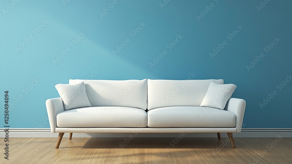 Interior of modern living room with white fabric sofa over blue wall Interior of modern living room with white fabric sofa over blue wall