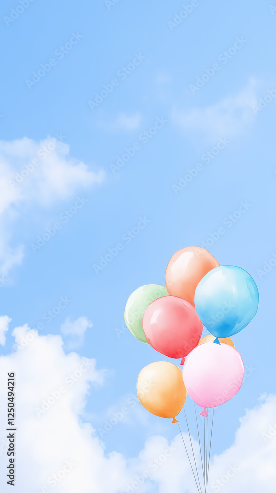 Cheerful balloons in bright colors against clear blue sky Cheerful balloons in bright colors against clear blue sky