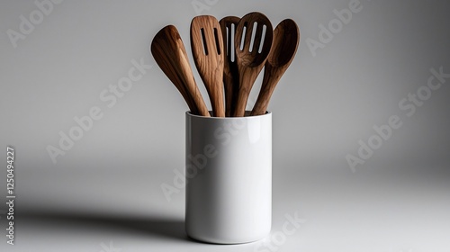 Modern White Utensil Holder With Wooden Spoons photo