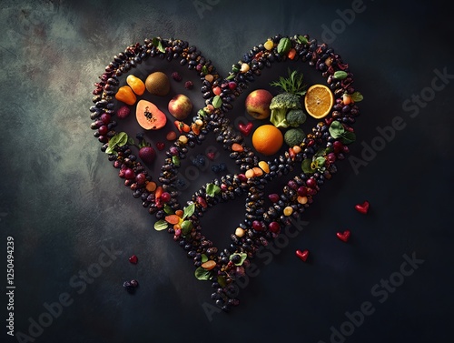 Fruits and Vegetables Arranged in Heart Shape,  Healthy Eating Concept, Delicious Food, Colorful Produce, Dietary Habits photo