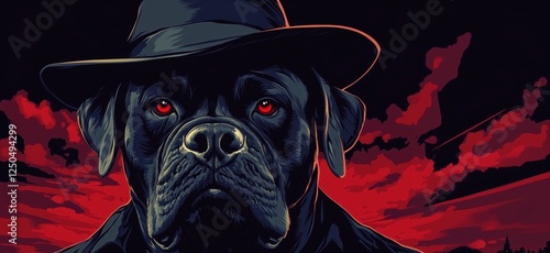 Mysterious black dog wearing hat with glowing red eyes against dramatic sunset background, copy space for text photo