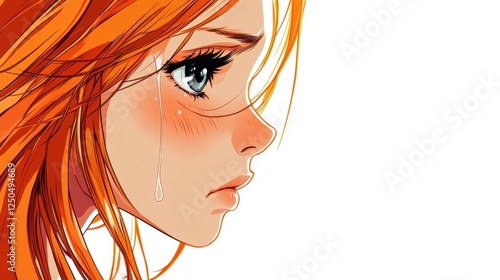 Heartbreak Profile: A young woman with fiery orange hair, her face etched with sadness and tears streaming down her cheek, offers a poignant portrayal of emotional vulnerability in a profile view.  