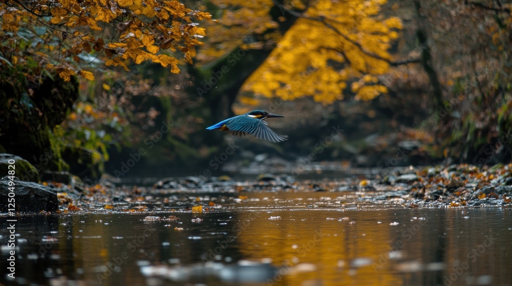 Kingfisher Gliding Over Clear Stream Surrounded by Autumn Foliage Kingfisher Gliding Over Clear Stream Surrounded by Autumn Foliage