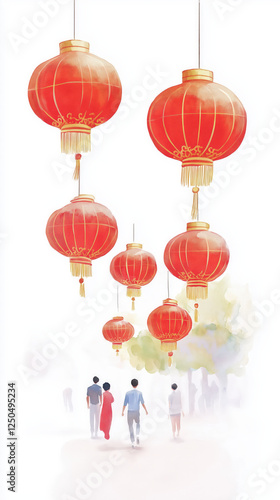 Red lanterns glowing in air, symbolizing celebration and joy during festival.