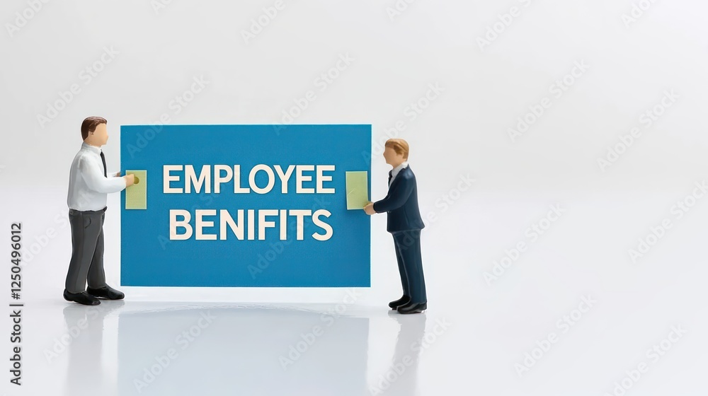 Two miniature business figures standing near a blue card labeled Employee Benefits, highlighting Employee Provident Fund, EPF account options, employee savings, and support Two miniature business figures standing near a blue card labeled Employee Benefits, highlighting Employee Provident Fund, EPF account options, employee savings, and support