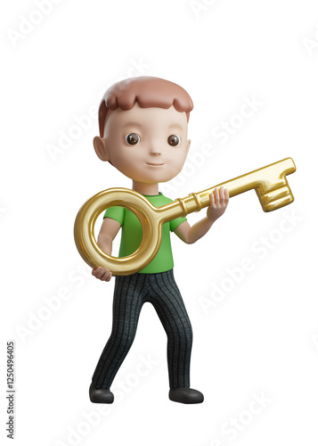 3D illustration of a cartoon boy holding a golden key with transparent background