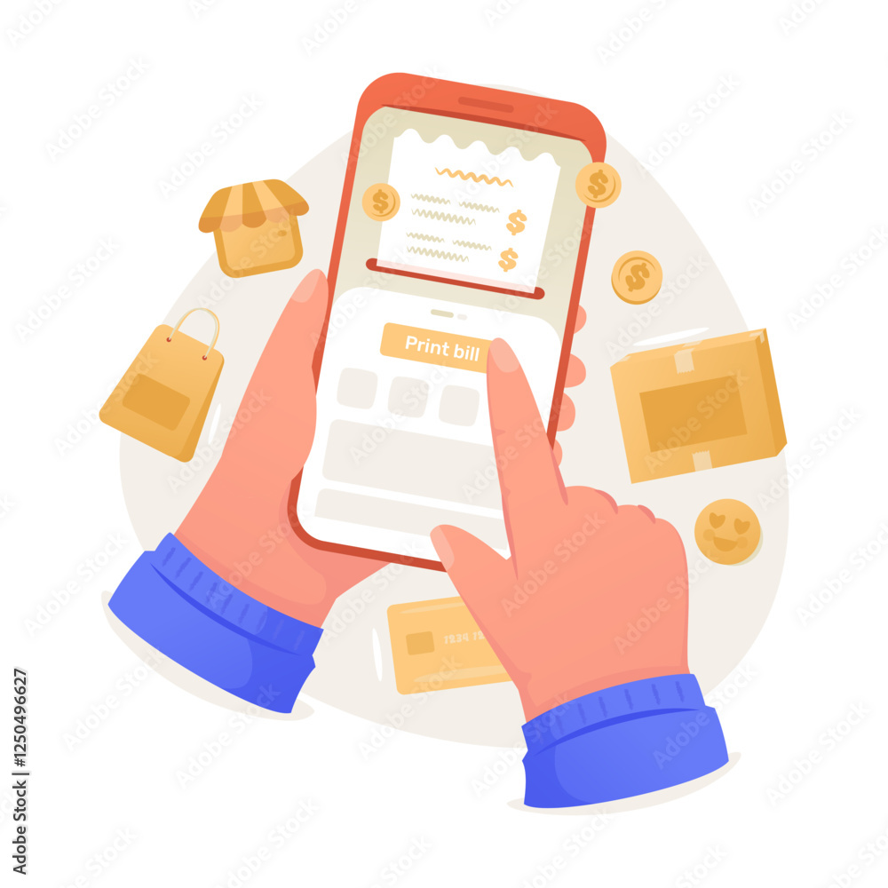 Fotografie Hand holding phone with pressing print bill button vector design