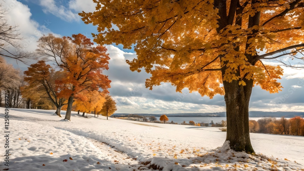 Serene Autumn Snowfall Landscape with Vibrant Maple Trees Serene Autumn Snowfall Landscape with Vibrant Maple Trees