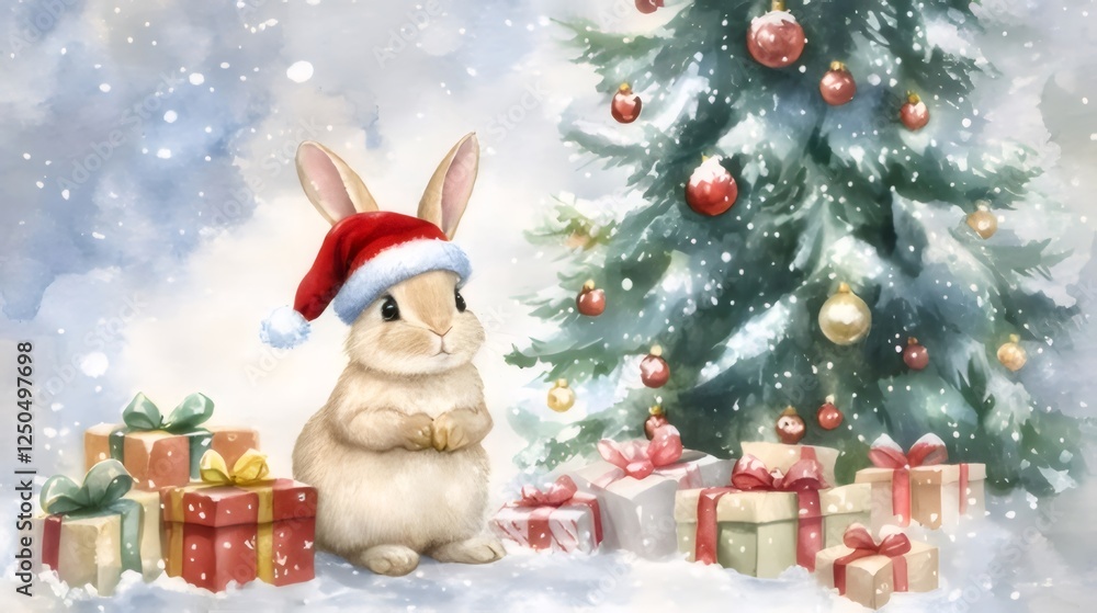 Cute bunny in Santa hat near Christmas tree and gifts. (1) Cute bunny in Santa hat near Christmas tree and gifts. (1)