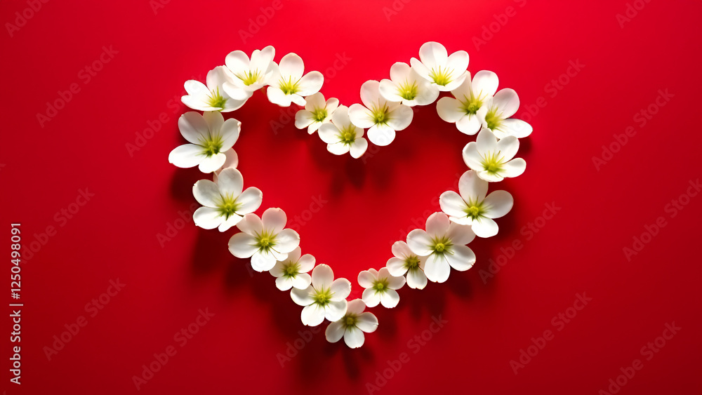 A beautifully crafted heart shape composed of delicate white flowers set against a vibrant, rich red backdrop