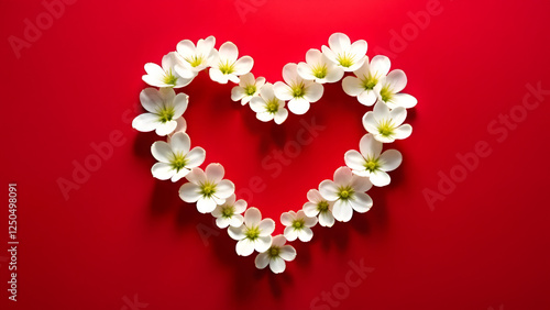 Obraz na płótnie A beautifully crafted heart shape composed of delicate white flowers set against a vibrant, rich red backdrop w salonie