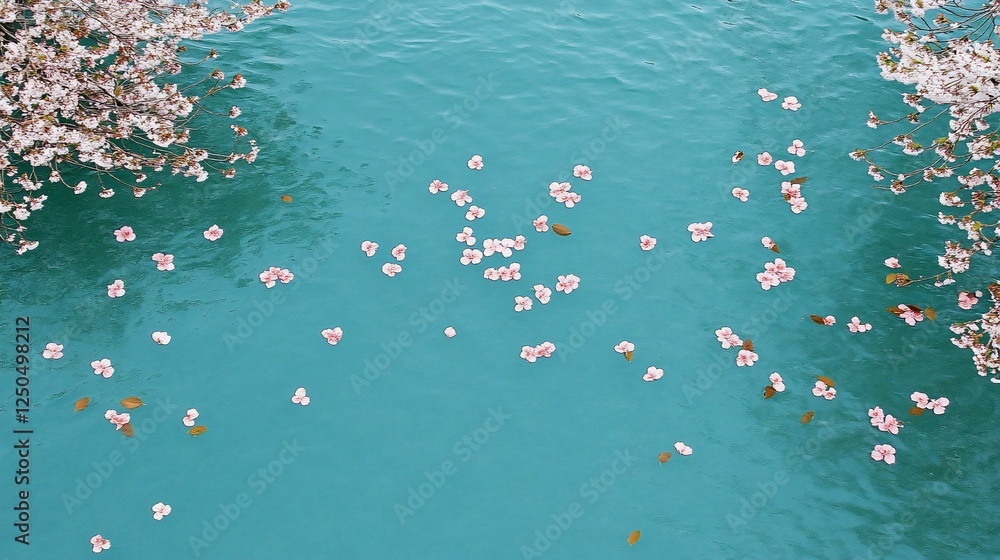 Cherry blossoms falling on tranquil canal water Cherry blossoms falling on tranquil canal water