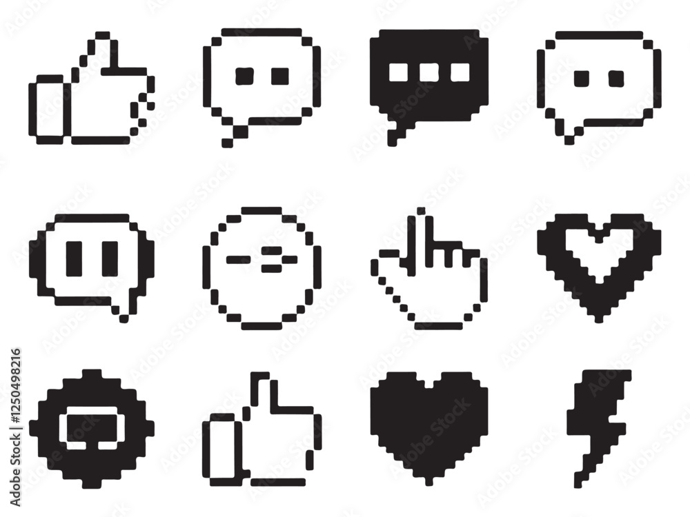 Pixel Art Social Media Icons Set Retro 8 Bit UI Symbols for Chat, Reactions, and Feedback Pixel Art Social Media Icons Set Retro 8 Bit UI Symbols for Chat, Reactions, and Feedback