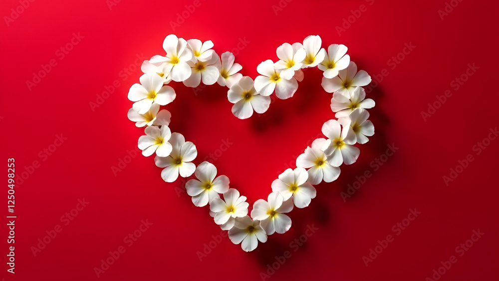 A beautifully crafted heart shape composed of delicate white flowers set against a vibrant, rich red backdrop