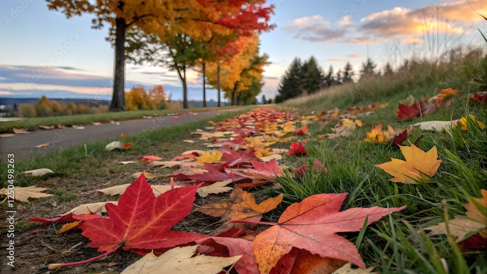 Autumn Path Sunset Serene Fall Leaves Pathway Autumn Path Sunset Serene Fall Leaves Pathway