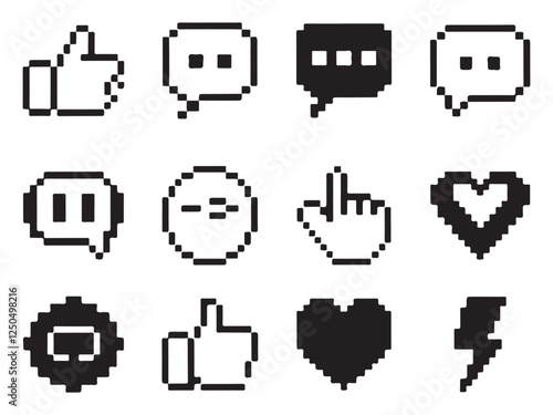 Pixel Art Social Media Icons Set  Retro 8 Bit UI Symbols for Chat, Reactions, and Feedback