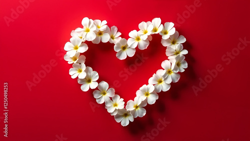 Obraz na płótnie A beautifully crafted heart shape composed of delicate white flowers set against a vibrant, rich red backdrop w salonie