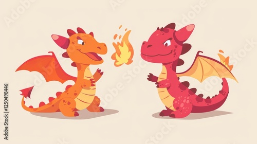 Two playful cartoon dragons, one breathing fire, in a whimsical style against a light background, perfect for children's illustrations photo